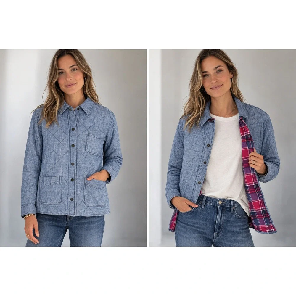 Lands End Womens Reversible Quilted Barn Jacket Chore Coat Blue Chambray Plaid M